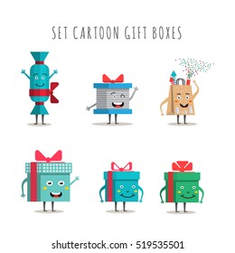 Funny gift boxes characters cartoon with bows and ribbons vector big set isolated. Christmas, new year, holiday, birthday gift box set. Packaging with various paper decor