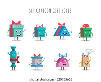 Funny gift boxes characters cartoon with bows and ribbons vector big set isolated. Christmas, new year, holiday, birthday gift box set. Packaging with various paper decor