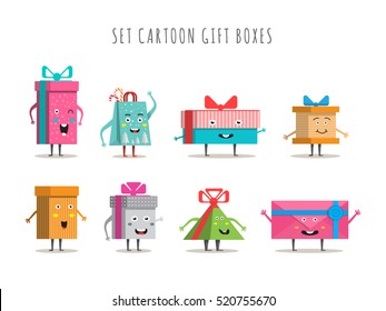 Funny gift boxes characters cartoon with bows and ribbons vector big set isolated. Christmas, new year, holiday, birthday gift box set. Packaging with various paper decor