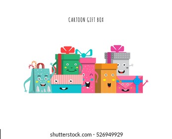 Funny gift boxes characters cartoon with bows and ribbons vector big set isolated. Christmas, new year, holiday, birthday gift box set. Packaging with various paper decor