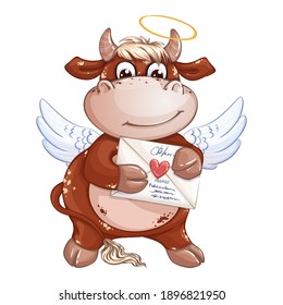 A funny ginger calf boy with cupid wings and a halo holds an envelope with a heart stamp. Vector character on a white background.