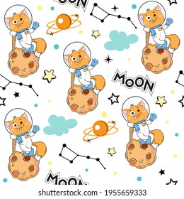 Funny ginger cat astronaut and the inscription moon seamless pattern. Vector illustration for t-shirt design for children isolated