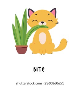 Funny Ginger Cat Bite Plant as English Verb for Educational Activity Vector Illustration