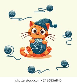Funny ginger cat in a blue knitted hat. International Cat Day. Cartoon flat vector illustration.