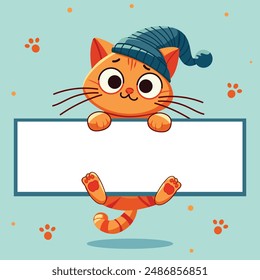 Funny ginger cat in a blue knitted hat. International Cat Day. Cartoon flat vector illustration.