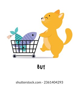 Funny Ginger Cat Buy Fish Walk with Shopping Cart as English Verb for Educational Activity Vector Illustration