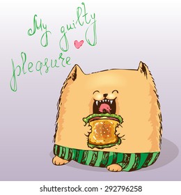 Funny ginger cat in green pants is eating sandwich. 