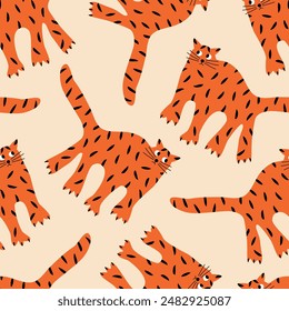 Funny ginger cat hand drawn vector illustration. Cute animal seamless pattern for kids fabric or wallpaper.