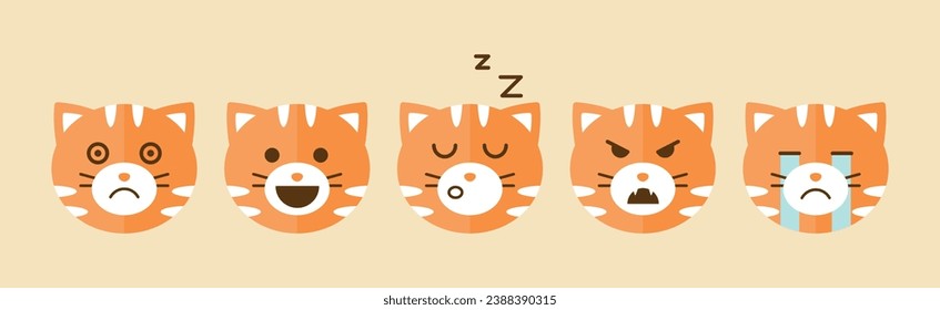 Funny Ginger Cat Muzzle or Face with Different Emotion Vector Set