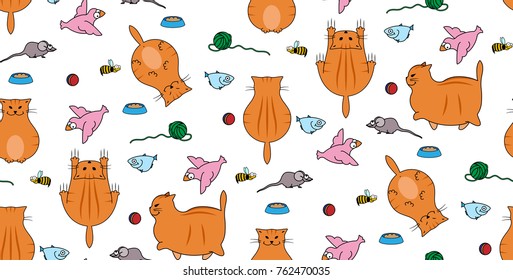 Funny ginger cat pattern with fish, ball, bird, wasp, cat bowl with food, mouse and skein of yarn. It is good for wallpaper and any other kids stuff. Vector. EPS 10.