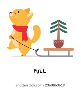 Funny Ginger Cat Pull Sledge as English Verb for Educational Activity Vector Illustration