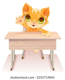 Funny ginger cat sit school desk exemplary student knows answer. Vector cartoon illustration isolated on white