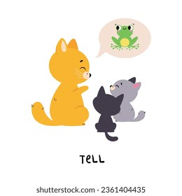 Funny Ginger Cat Tell Cubs about Frog as English Verb for Educational Activity Vector Illustration