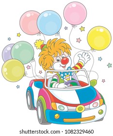 Funny ginger clown driving his car with colorful balloons