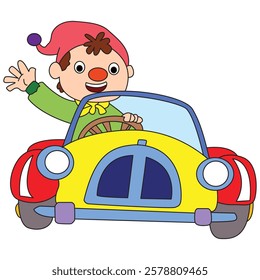 Funny ginger clown driving his car with colorful