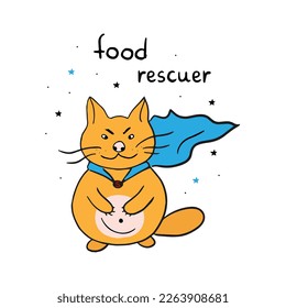 A funny ginger fat cat in a hero's cloak. Product savior. Isolated vector image.