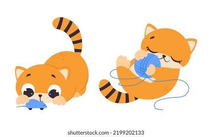 Funny Ginger Kitten with Striped Tail Playing with Clew and Toy Mouse Vector Illustration Set