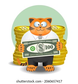 Funny ginger smiling fat cat in a white shirt and black pants. Puss is a bank worker. Banknote of 100 dollars and large stacks of 3d gold coins. Icon finance