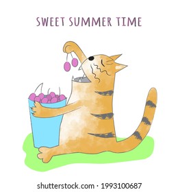 Funny ginger tabby cat eats cherries from a blue bucket. Sweet summer time. Cartoon vector illustration, design for print, sticker and postcard. Hand-drawing
