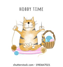 Funny ginger tabby cat sits with a ball of thread and a needle in a meditation pose. Hobby time. Cartoon vector illustration, design for print, sticker and postcard. Isolated on white background.