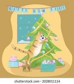 Funny ginger tabby cat stands on a stool and decorates the Christmas tree. Happy New Year. Cartoon vector illustration, design for print, sticker and postcard. Hand-drawing