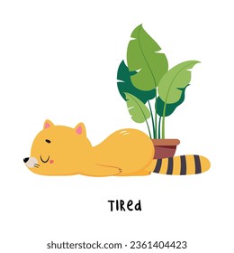 Funny Ginger Tired Cat Lying on the Floor as English Word for Educational Activity Vector Illustration
