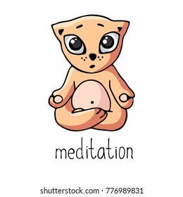 Funny ginger yoga kitten sits in a lotus pose with the inscription. Vector image of isolated on white in style of children's illustration.