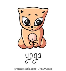 Funny ginger yoga kitten sits in a lotus pose with the inscription. Vector image of isolated on white in style of children's illustration.