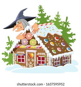 Funny gingerbread house made of sweets and cookies. Illustration for a fairy tale. Witch. Trap. Temptation.