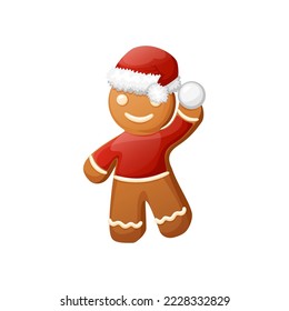 Funny Gingerbread Man Clipart. Christmas Cookie Character Clip Art Wear Red Santa Hat. With Snowball In His Hands.