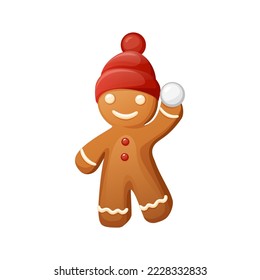 Funny Gingerbread Man Clipart. Christmas Cookie Character Clip Art. Wear Red Knitted Beanie Hat. With Snowball In His Hands.