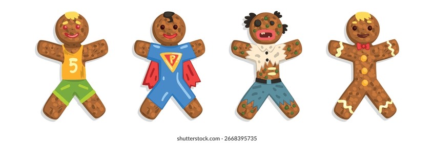 Divertida galleta de hombre de jengibre en diferente conjunto de Vector de traje