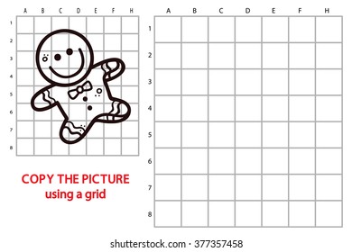 funny gingerbread man game. Vector illustration of grid copy puzzle with happy cartoon gingerbread man for children