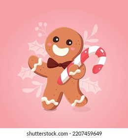 Funny gingerbread man holding a christmas candy cane. Christmas candies collection. Cartoon vector illustration.