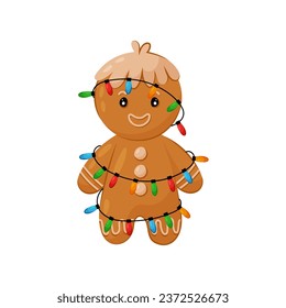 
Funny gingerbread wrapped with a Christmas garland in flat style on a white background. Christmas baking, cookies, gingerbread man. Festive Christmas print.