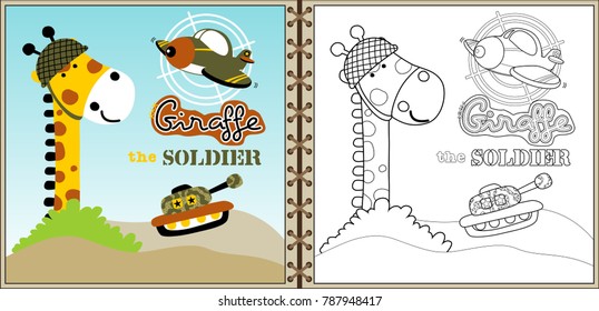 Funny giraffe army cartoon vector with military equipment, coloring book or page