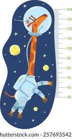 Funny giraffe astronaut or cosmonaut in outer space. Height meter or meterwall or wall sticker. Childrens vector illustration with scale from 50 to 140 centimeter to measure growth