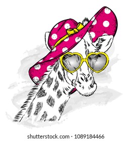 Funny giraffe in a beach hat and glasses. Animal in clothes and accessories. Hipster. Vector illustration.