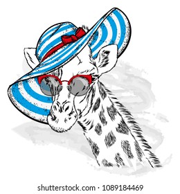 Funny giraffe in a beach hat and glasses. Animal in clothes and accessories. Hipster. Vector illustration.