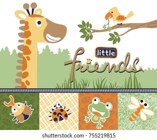 Funny giraffe with bird and bugs in forest. vector cartoon illustration