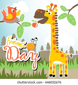 Funny giraffe biting fruit, bird on it nest with snail in forest, vector cartoon illustration