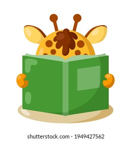 Funny giraffe with book in flat design with shadows. Isolated animal vector illustration