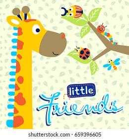 Funny giraffe with bugs on tree branches, cute animals on leaf pattern, vector cartoon illustration