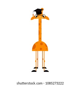 Funny giraffe cartoon character with long neck in eyeglasses and academic hat isolated on white background - smart comic yellow african animal with spots, flat vector illustration.