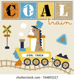 Funny giraffe cartoon on steam train, vector cartoon illustration