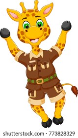 funny giraffe cartoon standing cheerful with waving and laughing