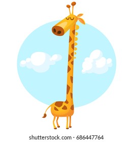 Funny giraffe cartoon. Vector illustration isolated on sky background with clouds