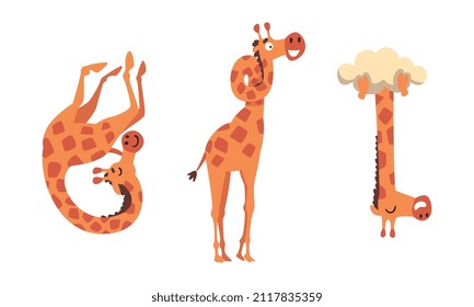 Funny Giraffe Character with Long Legs and Neck Hanging Upside Down Vector Set