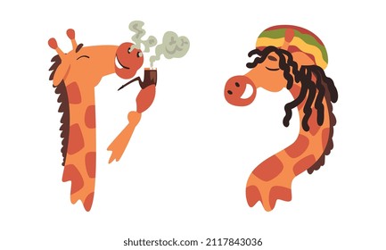 Funny Giraffe Character with Long Legs and Neck Smoking Pipe and Wearing Dreadful Locks Vector Set