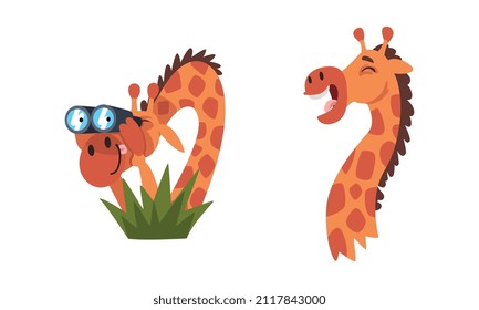 Funny Giraffe Character with Long Neck Watching Binoculars and Laughing Vector Set